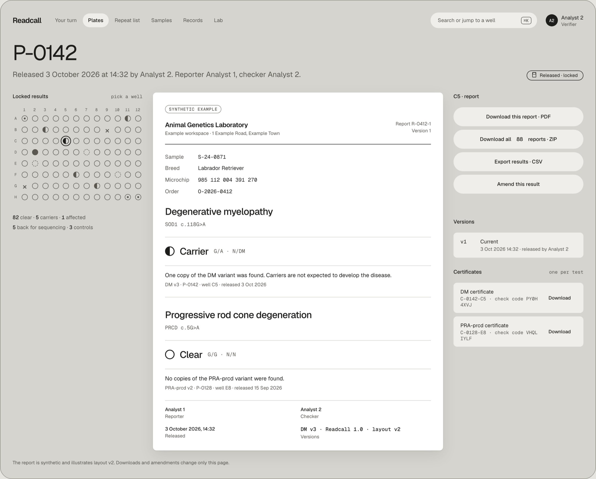 A released plate with its reports and certificates