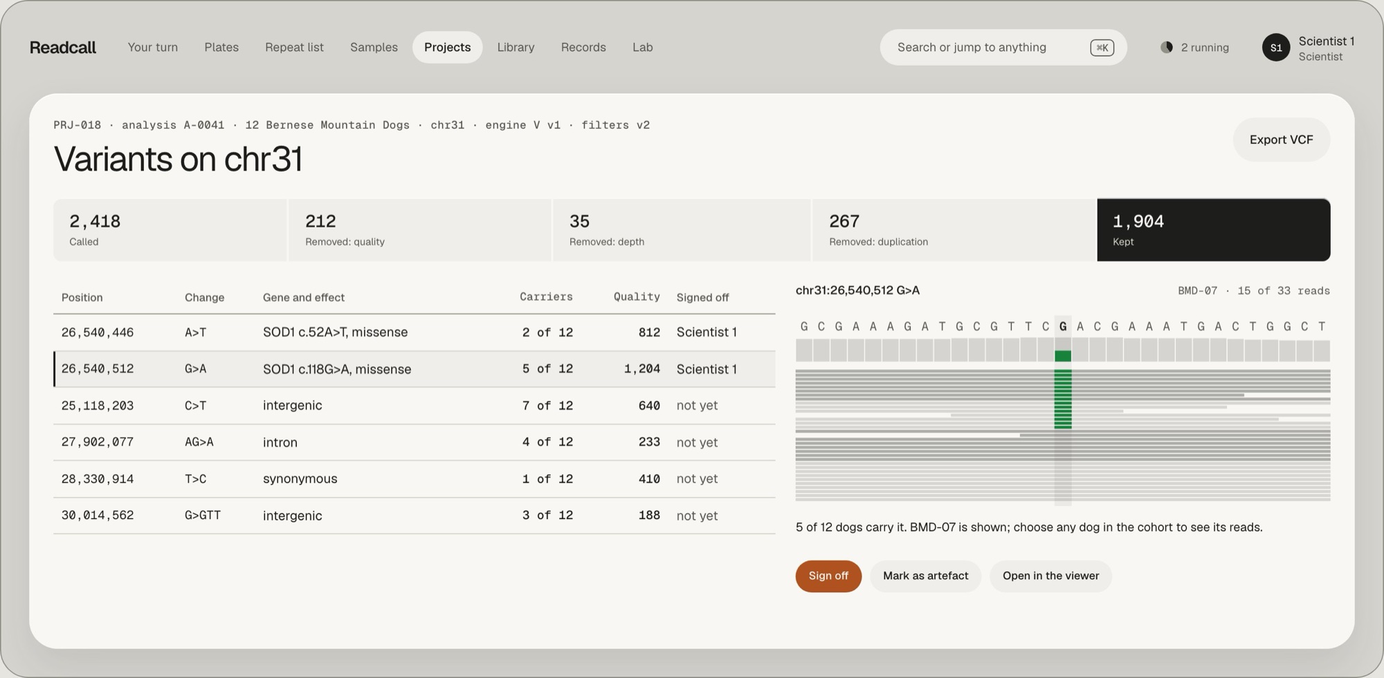 Design view of planned NGS variant review